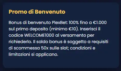 Schermata reale della promozione Bonus di Benvenuto Casino di Plexbet con importo e condizioni principali