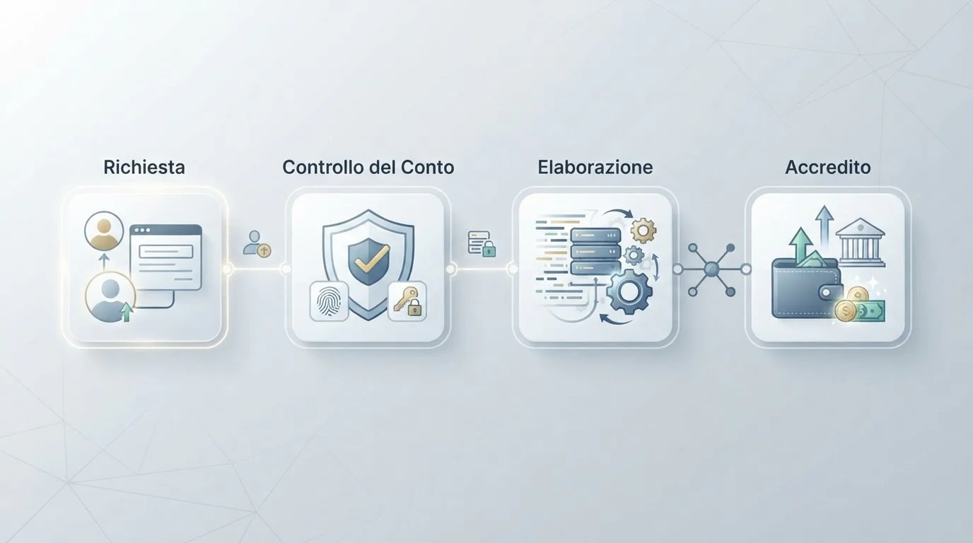 Illustrazione del flusso di prelievo Plexbet dalla richiesta alla verifica e all'accredito