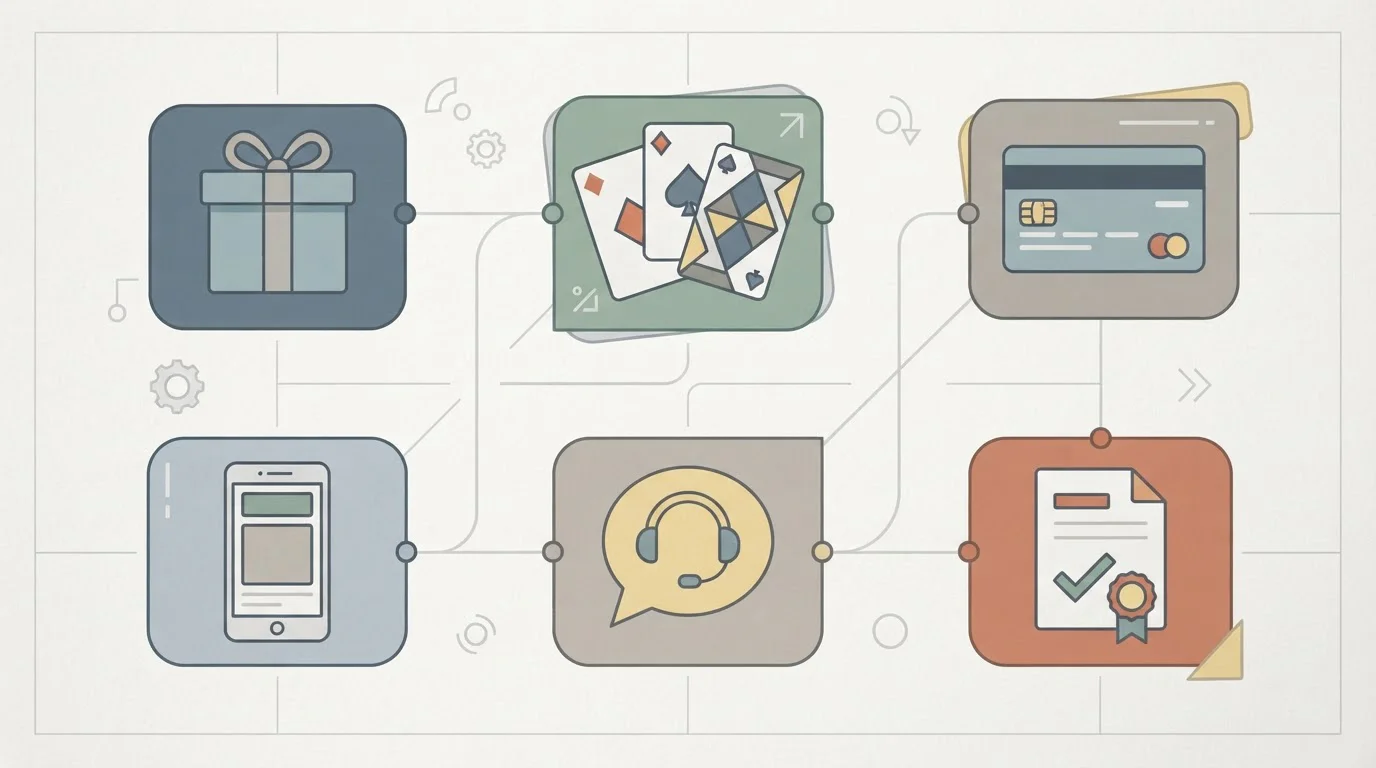 Schema educativo che confronta bonus, giochi, pagamenti, mobile, assistenza e affidabilità